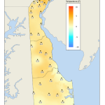 Map showing Delaware October 2023 average temperature anomalies.