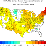 NCEI Map of climate division temperature anomalies.