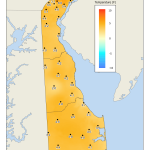 Delaware map showing December 2023 average temperature anomalies from 1991-2020 Normals.