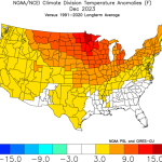 US Map of climate division temperature anomalies.