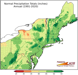 map of 1991-2020 Normal Precipitation for NE United States